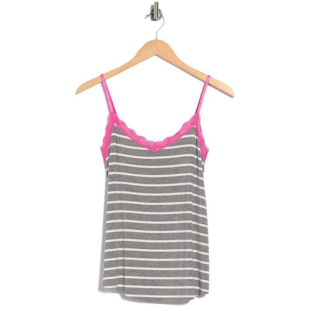 NWT PJ Salvage | Grey Pink Striped Lace Trim Cami V-Neck Sleep Lounge Small